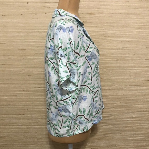Novelty Blue Bird & Leaf Print 100% Linen Button-up Women's Collared Blouse - Picture 7 of 12